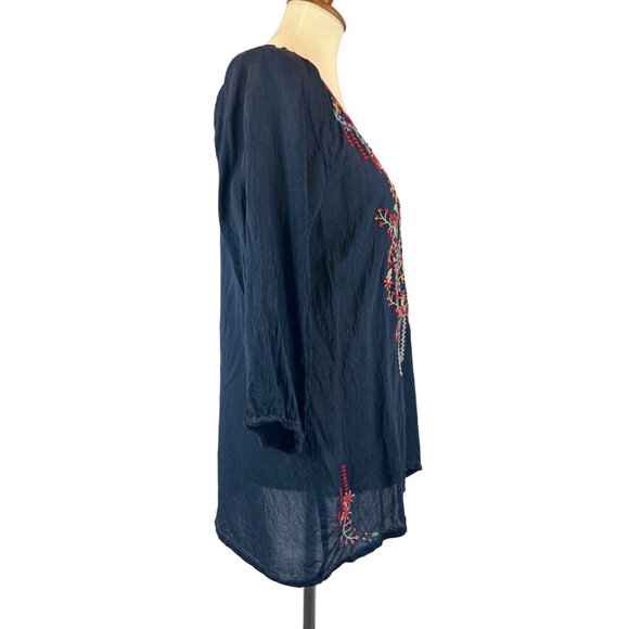 Johnny Was Navy Blue Embroidered Tunic Floral 3/4 Sleeves Lightweight Size M - Picture 4 of 9